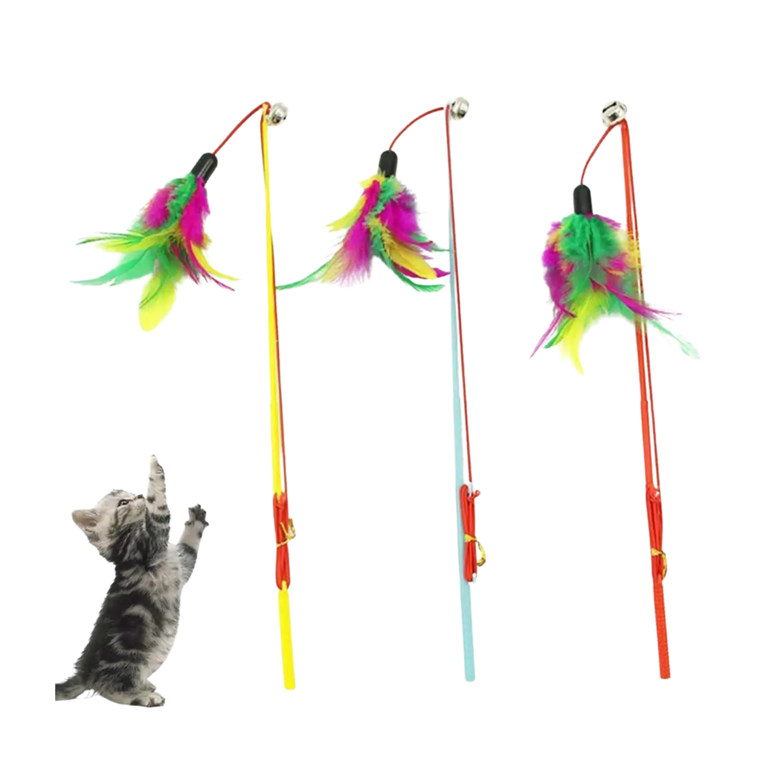 Spalvinga katės meškerė su plunksnomis ir varpeliu