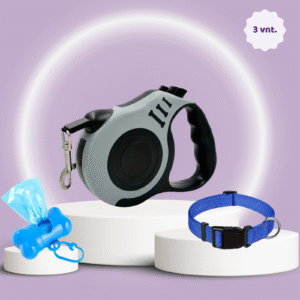 šuns vedžiojimo rinkinys su automatiniu pavadėliu atšvaitiniu antkakliu ir maišelių laikikliu